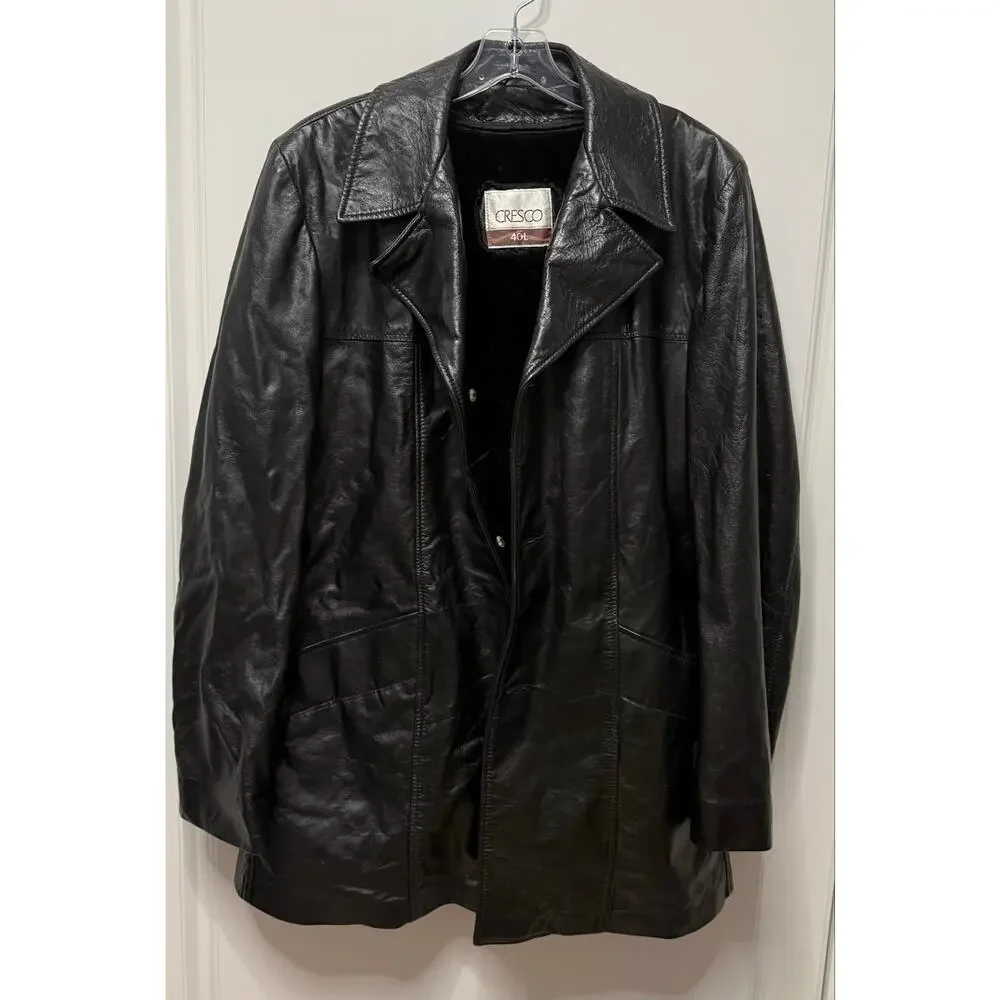 Cresco Black Genuine Leather Coat Jacket Faux Fur Lined 40L Vintage 70s Overcoat